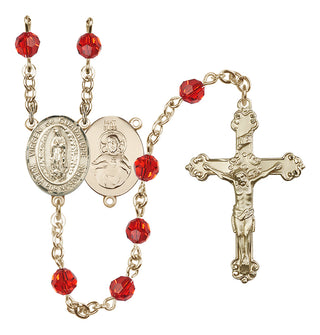 14 Karat Gold 6mm Austrian Crystal Virgen de Guadalupe Rosary in Ruby