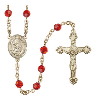 14 Karat Gold 6mm Austrian Crystal Virgen del Carmen Rosary in Ruby