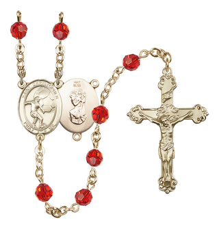 14 Karat Gold 6mm Austrian Crystal Saint Christopher/Soccer Rosary in Ruby
