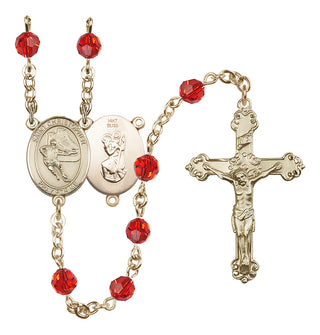 14 Karat Gold 6mm Austrian Crystal Saint Christopher/Hockey Rosary in Ruby