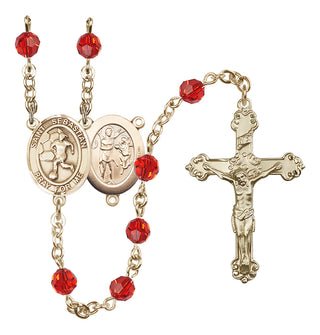 14 Karat Gold 6mm Austrian Crystal Saint Sebastian/Soccer-Women Rosary in Ruby
