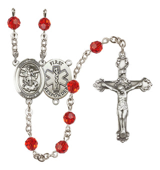 Sterling Silver 6mm Austrian Crystal Saint Michael/1St Responder Rosary in Ruby