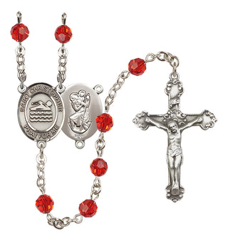 Sterling Silver 6mm Austrian Crystal Saint Christopher/Swimming Rosary in Ruby