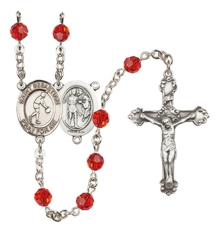 Sterling Silver 6mm Austrian Crystal Saint Sebastian/Basketball Rosary in Ruby