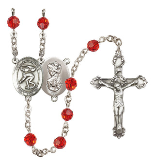 Sterling Silver 6mm Austrian Crystal Saint Christopher/Swimming Rosary in Ruby