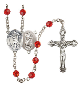 Sterling Silver 6mm Austrian Crystal Saint Christopher/Lacrosse Rosary in Ruby