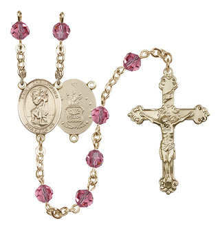 14 Karat Gold-Filled 6mm Austrian Crystal Saint Christopher / Air Force Rosary in Rose