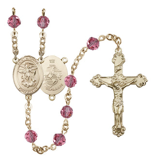14 Karat Gold-Filled 6mm Austrian Crystal Saint Michael / Marines Rosary in Rose