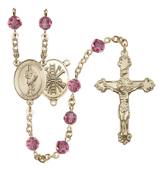 14 Karat Gold 6mm Austrian Crystal Saint Florian/Firefighter Rosary in Rose