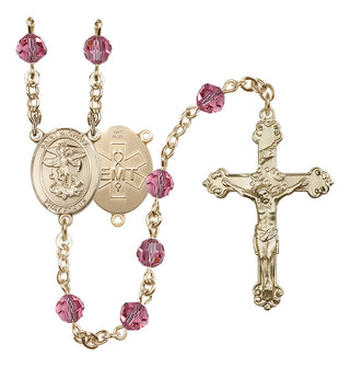 14 Karat Gold 6mm Austrian Crystal Saint Michael / EMT Rosary in Rose