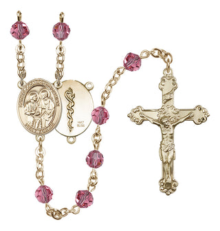14 Karat Gold 6mm Austrian Crystal Saints Cosmas & Damian / Doctors Rosary in Rose