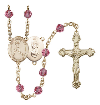 14 Karat Gold 6mm Austrian Crystal Saint Christopher/Softball Rosary in Rose