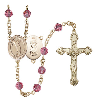 14 Karat Gold 6mm Austrian Crystal Saint Christopher/Golf Rosary in Rose
