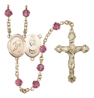 14 Karat Gold 6mm Austrian Crystal Saint Christopher/Soccer Rosary in Rose