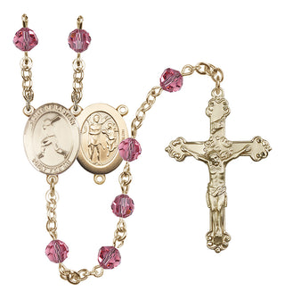 14 Karat Gold 6mm Austrian Crystal Saint Sebastian/Baseball Rosary in Rose