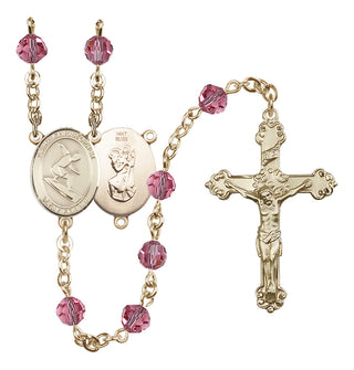 14 Karat Gold 6mm Austrian Crystal Saint Christopher/Surfing Rosary in Rose