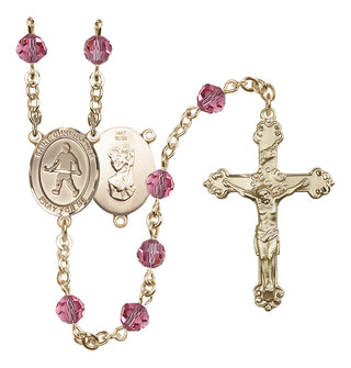 14 Karat Gold 6mm Austrian Crystal Saint Christopher / Field Hockey Rosary in Rose