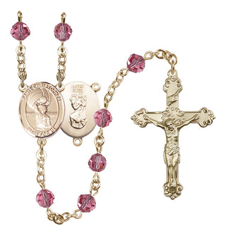 14 Karat Gold 6mm Austrian Crystal Saint Christopher/Water Polo Men Rosary in Rose