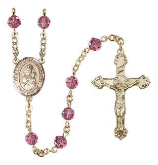 14 Karat Gold 6mm Austrian Crystal Our Lady of Czestochowa Rosary in Rose