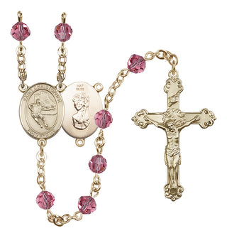 14 Karat Gold 6mm Austrian Crystal Saint Christopher/Hockey Rosary in Rose