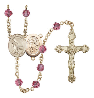 14 Karat Gold 6mm Austrian Crystal Saint Sebastian / Football Rosary in Rose