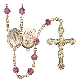14 Karat Gold 6mm Austrian Crystal Saint Sebastian /Track&Field-Women Rosary in Rose