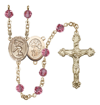 14 Karat Gold 6mm Austrian Crystal Saint Sebastian/Swimming Rosary in Rose