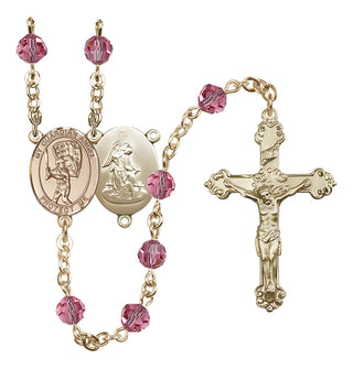 14 Karat Gold 6mm Austrian Crystal Guardian Angel/Baseball Rosary in Rose