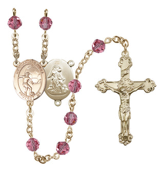 14 Karat Gold 6mm Austrian Crystal Guardian Angel/Soccer Rosary in Rose