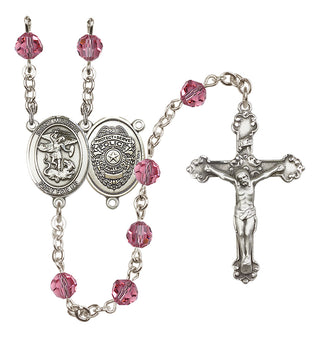 Sterling Silver 6mm Austrian Crystal Saint Michael the Archangel/Policeman Rosary in Rose
