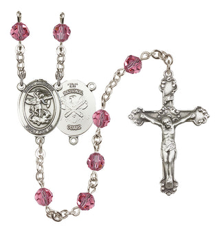 Sterling Silver 6mm Austrian Crystal Saint Michael / Nat'l Guard Rosary in Rose