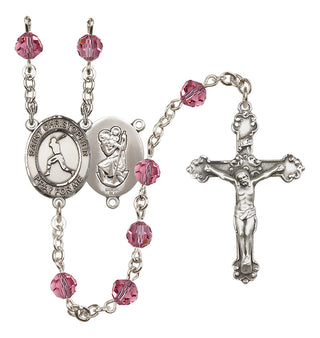 Sterling Silver 6mm Austrian Crystal Saint Christopher/Baseball Rosary in Rose