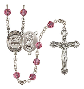 Sterling Silver 6mm Austrian Crystal Saint Christopher/Swimming Rosary in Rose