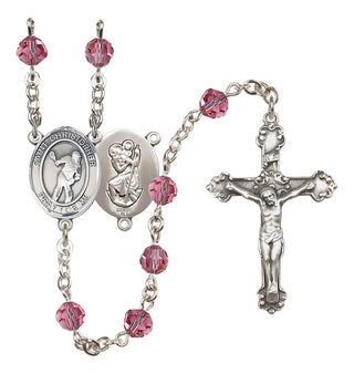 Sterling Silver 6mm Austrian Crystal Saint Christopher/Lacrosse Rosary in Rose