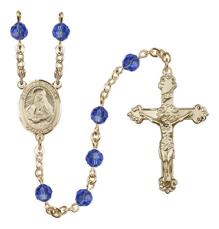14 Karat Gold-Filled 6mm Austrian Crystal Saint Frances Cabrini Rosary in Sapphire