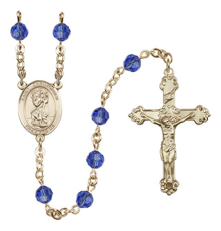 14 Karat Gold-Filled 6mm Austrian Crystal Saint Christopher Rosary in Sapphire