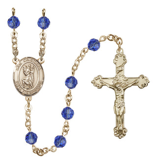 14 Karat Gold-Filled 6mm Austrian Crystal San Cristobal Rosary in Sapphire