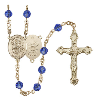 14 Karat Gold-Filled 6mm Austrian Crystal Saint George / Navy Rosary in Sapphire