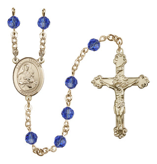 14 Karat Gold-Filled 6mm Austrian Crystal Saint Gerard Majella Rosary in Sapphire