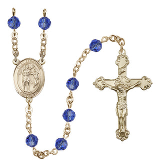 14 Karat Gold-Filled 6mm Austrian Crystal Saint Sebastian Rosary in Sapphire