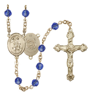 14 Karat Gold-Filled 6mm Austrian Crystal Guardian Angel/Coast Guard Rosary in Sapphire