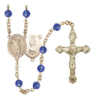 14 Karat Gold-Filled 6mm Austrian Crystal Saint Christopher/Golf Rosary in Sapphire