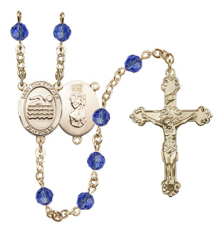 14 Karat Gold-Filled 6mm Austrian Crystal Saint Christopher/Swimming Rosary in Sapphire