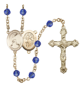 14 Karat Gold-Filled 6mm Austrian Crystal Saint Sebastian/Baseball Rosary in Sapphire
