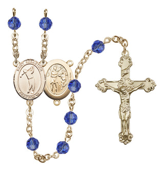 14 Karat Gold-Filled 6mm Austrian Crystal Saint Sebastian/Golf Rosary in Sapphire