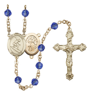 14 Karat Gold-Filled 6mm Austrian Crystal Saint Sebastian/Surfing Rosary in Sapphire
