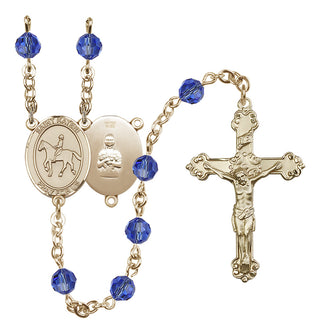 14 Karat Gold-Filled 6mm Austrian Crystal Saint Kateri/Equestrian Rosary in Sapphire