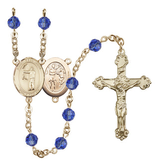14 Karat Gold-Filled 6mm Austrian Crystal Saint Sebastian / Archery Rosary in Sapphire