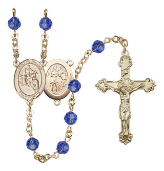 14 Karat Gold-Filled 6mm Austrian Crystal Saint Sebastian / Motorcycle Rosary in Sapphire