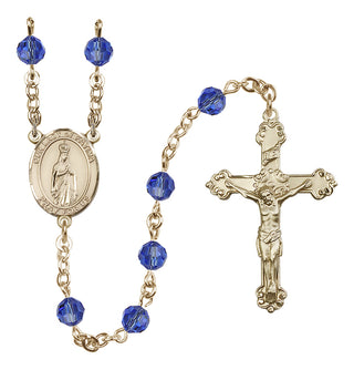 14 Karat Gold-Filled 6mm Austrian Crystal Our Lady of Fatima Rosary in Sapphire